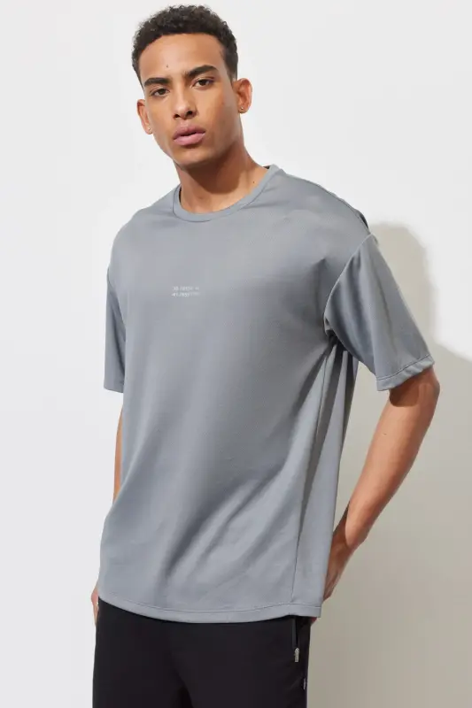 Erkek Gri Loose Fit Bisiklet Yaka Tişört-Gri - 1