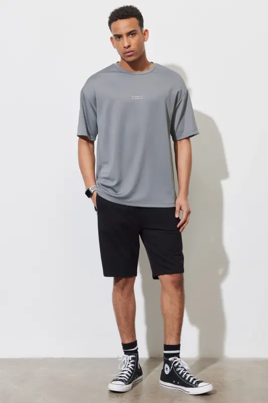 Erkek Gri Loose Fit Bisiklet Yaka Tişört-Gri - 2