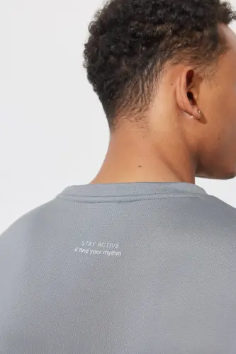 Erkek Gri Loose Fit Bisiklet Yaka Tişört-Gri - 5