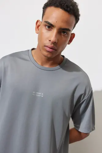 Erkek Gri Loose Fit Bisiklet Yaka Tişört-Gri - 6