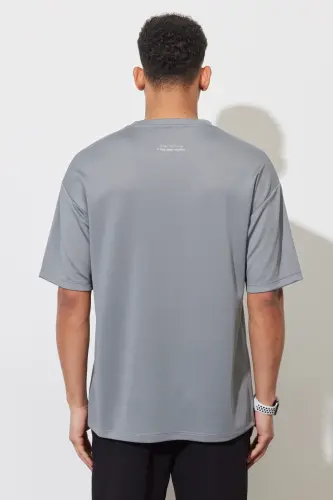 Erkek Gri Loose Fit Bisiklet Yaka Tişört-Gri - 7