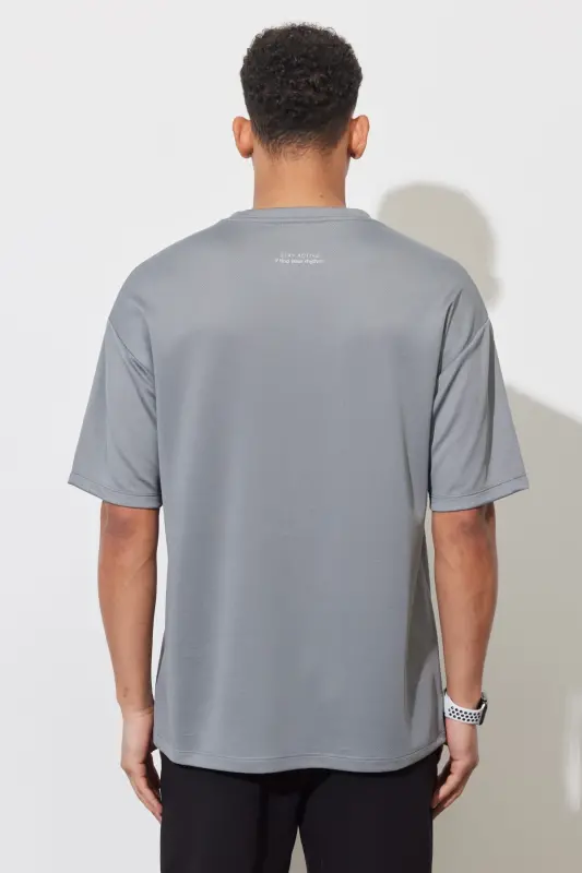 Erkek Gri Loose Fit Bisiklet Yaka Tişört-Gri - 7