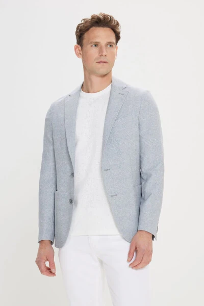 Erkek Gri-Mavi 360 Her Yöne Esneyen Slim Fit Dar Kesim Mono Yaka Desenli Blazer Ceket - 1