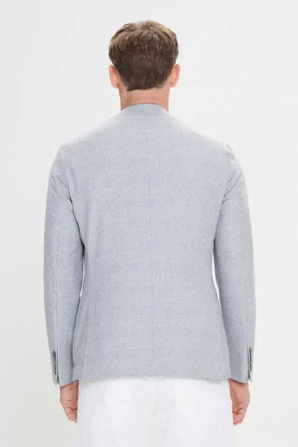 Erkek Gri-Mavi 360 Her Yöne Esneyen Slim Fit Dar Kesim Mono Yaka Desenli Blazer Ceket - 6