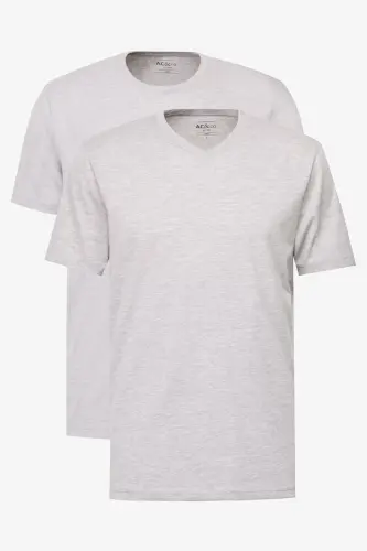 Erkek Gri Melanj-Gri Melanj 2'li Paket Slim Fit Dar Kesim Pamuklu Basic Tişört - GRI MELANJ-GRI MELANJ - 1