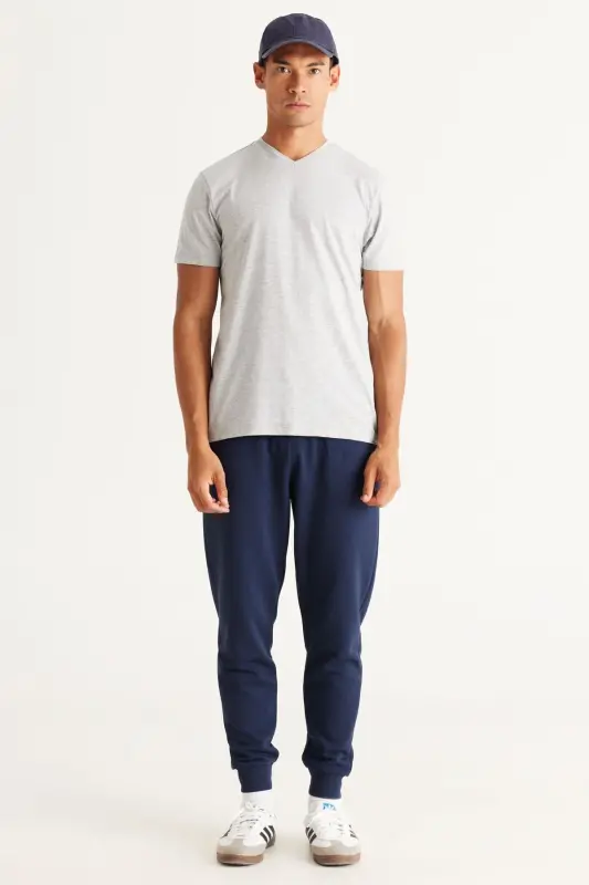 Erkek Gri Melanj-Gri Melanj 2'li Paket Slim Fit Dar Kesim Pamuklu Basic Tişört - GRI MELANJ-GRI MELANJ - 5