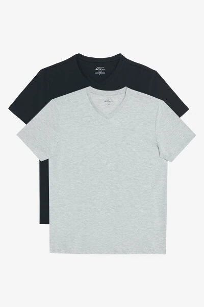 Erkek Gri Melanj-siyah 2'li V Yaka %100 Pamuk Slim Fit Dar Kesim Basic Tişört-GRI MELANJ - AC&CO / ALTINYILDIZ CLASSICS
