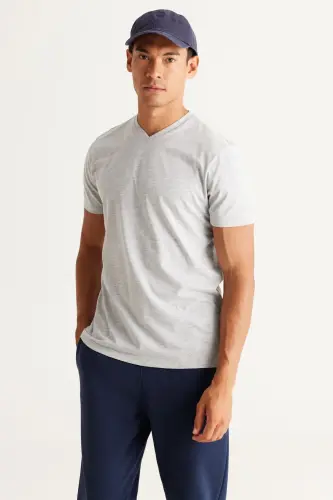 Erkek Gri Melanj-siyah 2'li V Yaka %100 Pamuk Slim Fit Dar Kesim Basic Tişört - GRI MELANJ-SIYAH - AC&Co / Altınyıldız Classics (1)