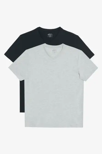 Erkek Gri Melanj-siyah 2'li V Yaka %100 Pamuk Slim Fit Dar Kesim Basic Tişört - GRI MELANJ-SIYAH - 1