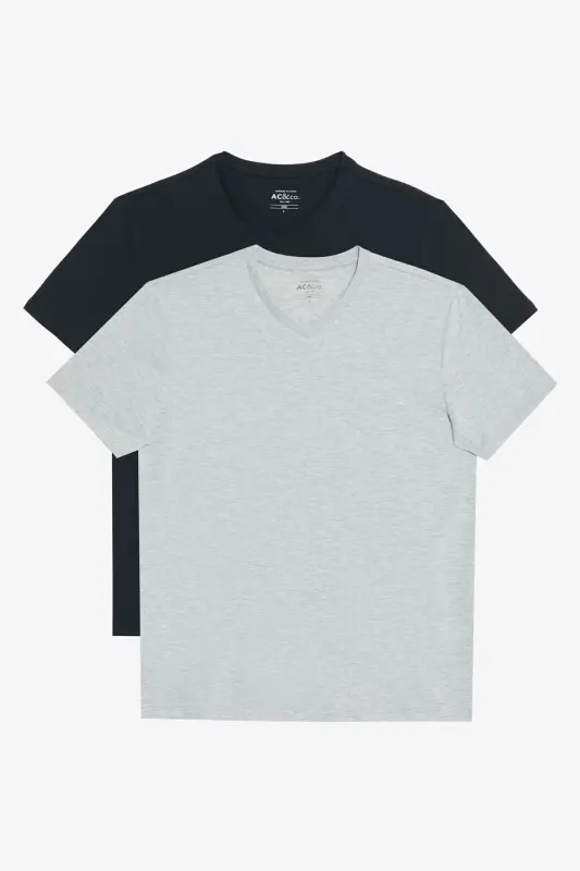 Erkek Gri Melanj-siyah 2'li V Yaka %100 Pamuk Slim Fit Dar Kesim Basic Tişört - GRI MELANJ-SIYAH - 1