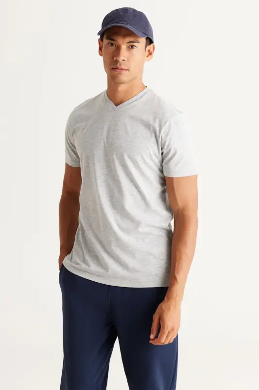 Erkek Gri Melanj-siyah 2'li V Yaka %100 Pamuk Slim Fit Dar Kesim Basic Tişört - GRI MELANJ-SIYAH - 2