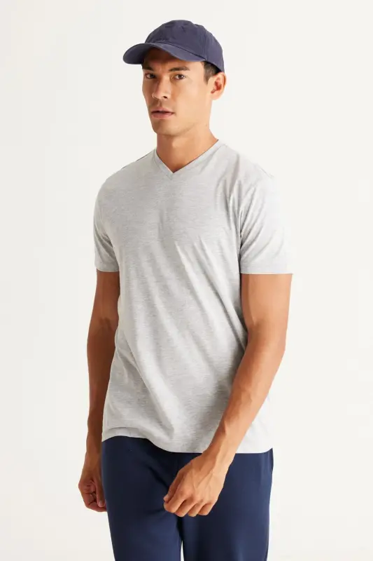 Erkek Gri Melanj-siyah 2'li V Yaka %100 Pamuk Slim Fit Dar Kesim Basic Tişört - GRI MELANJ-SIYAH - 6