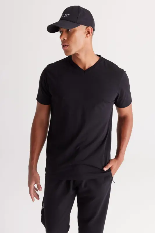 Erkek Gri Melanj-siyah 2'li V Yaka %100 Pamuk Slim Fit Dar Kesim Basic Tişört - GRI MELANJ-SIYAH - 7
