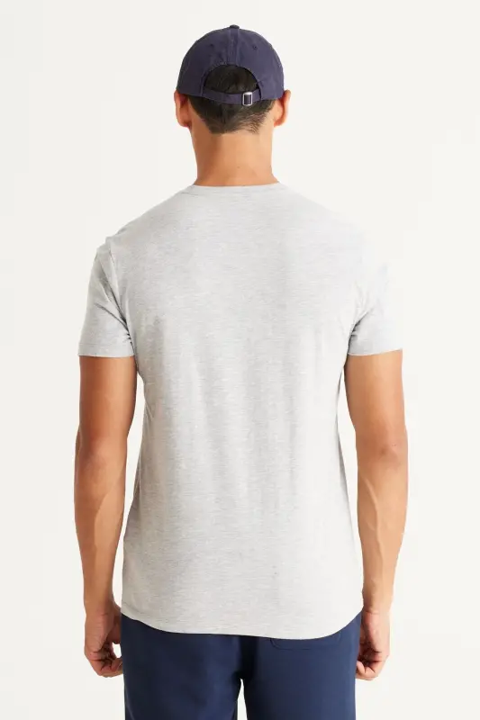 Erkek Gri Melanj-siyah 2'li V Yaka %100 Pamuk Slim Fit Dar Kesim Basic Tişört - GRI MELANJ-SIYAH - 8
