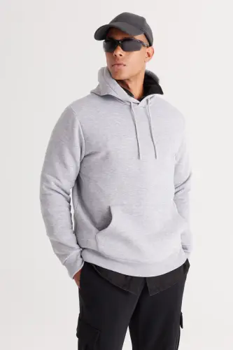 Erkek Gri Melanj Standart Fit Içi Polarlı 3 Iplik Kapüşonlu Kanguru Cepli Pamuklu Sweatshirt - Gri Melanj - 8