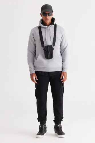 Erkek Gri Melanj Standart Fit Içi Polarlı 3 Iplik Kapüşonlu Kanguru Cepli Pamuklu Sweatshirt - Gri Melanj - 9
