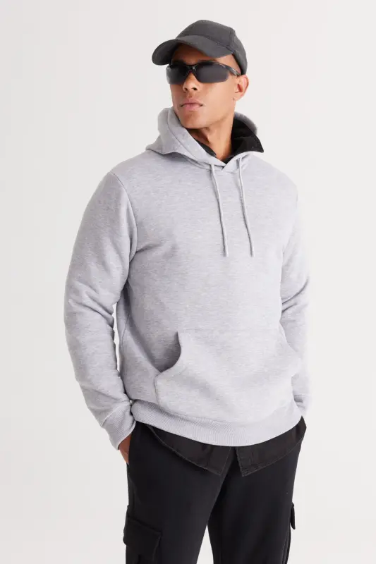 Erkek Gri Melanj Standart Fit Içi Polarlı 3 Iplik Kapüşonlu Kanguru Cepli Pamuklu Sweatshirt - Gri Melanj - 2