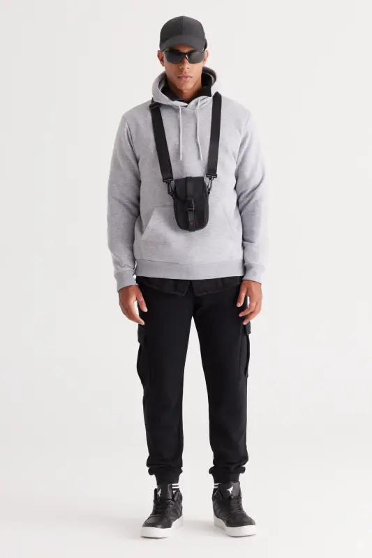 Erkek Gri Melanj Standart Fit Içi Polarlı 3 Iplik Kapüşonlu Kanguru Cepli Pamuklu Sweatshirt - Gri Melanj - 3