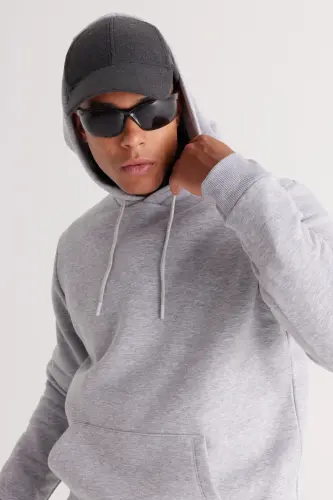 Erkek Gri Melanj Standart Fit Içi Polarlı 3 Iplik Kapüşonlu Kanguru Cepli Pamuklu Sweatshirt - Gri Melanj - 5