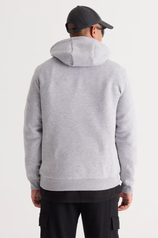 Erkek Gri Melanj Standart Fit Içi Polarlı 3 Iplik Kapüşonlu Kanguru Cepli Pamuklu Sweatshirt - Gri Melanj - 7