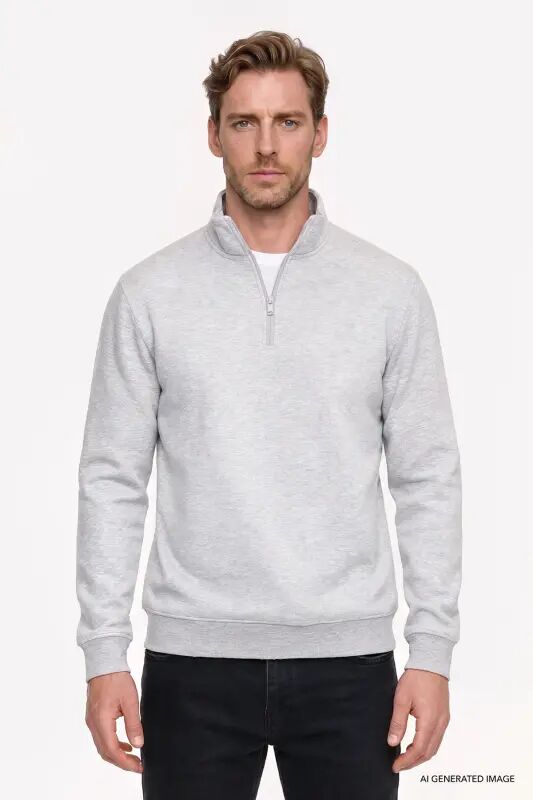Erkek Gri Melanj Standart Fit Normal Kesim İçi Polarlı Bato Yaka Pamuklu Sweatshirt - Gri Melanj - AC&Co / Altınyıldız Classics