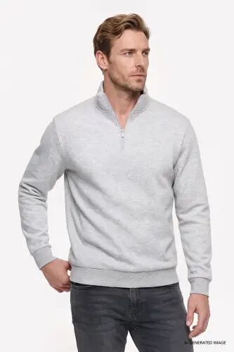 Erkek Gri Melanj Standart Fit Normal Kesim İçi Polarlı Bato Yaka Pamuklu Sweatshirt - Gri Melanj - AC&Co / Altınyıldız Classics (1)