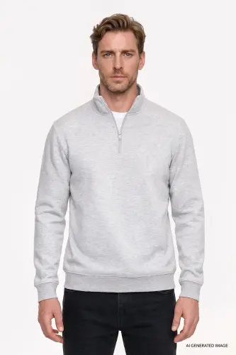 Erkek Gri Melanj Standart Fit Normal Kesim İçi Polarlı Bato Yaka Pamuklu Sweatshirt - Gri Melanj - 1