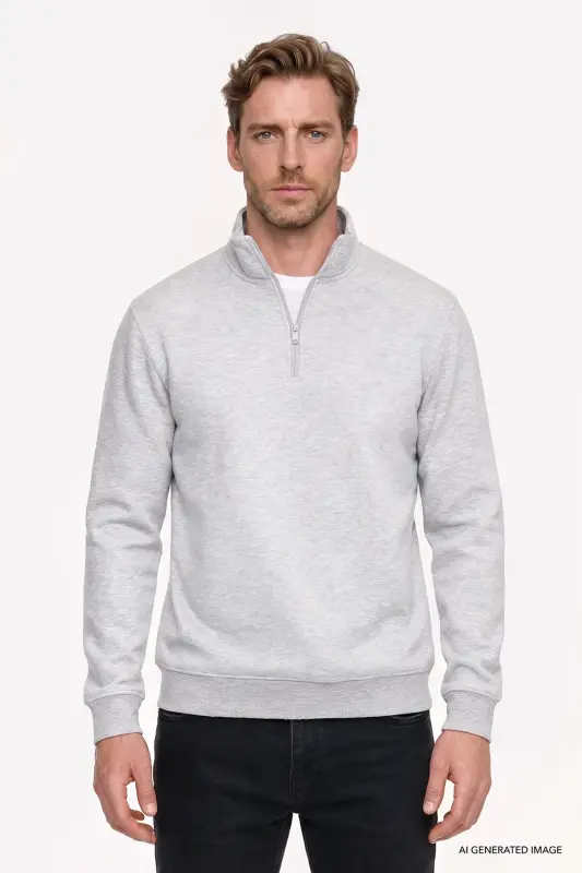 Erkek Gri Melanj Standart Fit Normal Kesim İçi Polarlı Bato Yaka Pamuklu Sweatshirt - Gri Melanj - 1