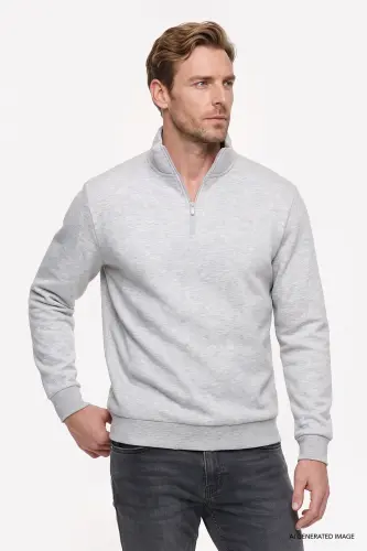 Erkek Gri Melanj Standart Fit Normal Kesim İçi Polarlı Bato Yaka Pamuklu Sweatshirt - Gri Melanj - AC&Co / Altınyıldız Classics (1)