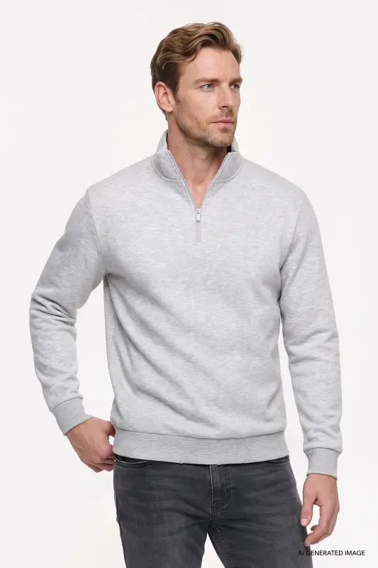 Erkek Gri Melanj Standart Fit Normal Kesim İçi Polarlı Bato Yaka Pamuklu Sweatshirt - Gri Melanj - 2