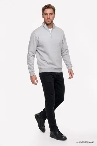 Erkek Gri Melanj Standart Fit Normal Kesim İçi Polarlı Bato Yaka Pamuklu Sweatshirt - Gri Melanj - 3