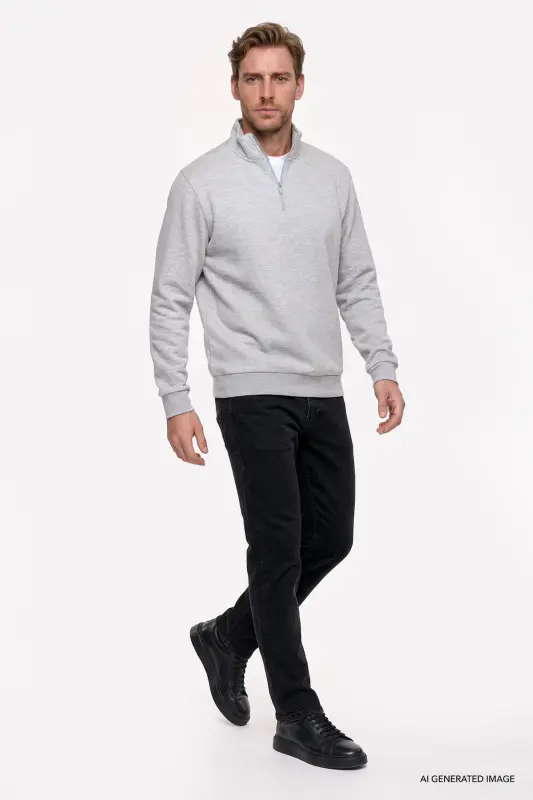 Erkek Gri Melanj Standart Fit Normal Kesim İçi Polarlı Bato Yaka Pamuklu Sweatshirt - Gri Melanj - 3