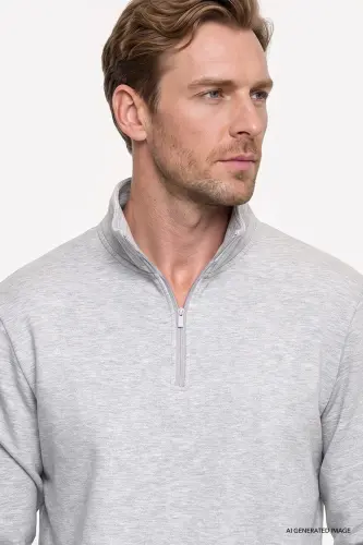 Erkek Gri Melanj Standart Fit Normal Kesim İçi Polarlı Bato Yaka Pamuklu Sweatshirt - Gri Melanj - 5