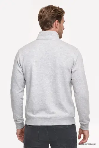 Erkek Gri Melanj Standart Fit Normal Kesim İçi Polarlı Bato Yaka Pamuklu Sweatshirt - Gri Melanj - 6