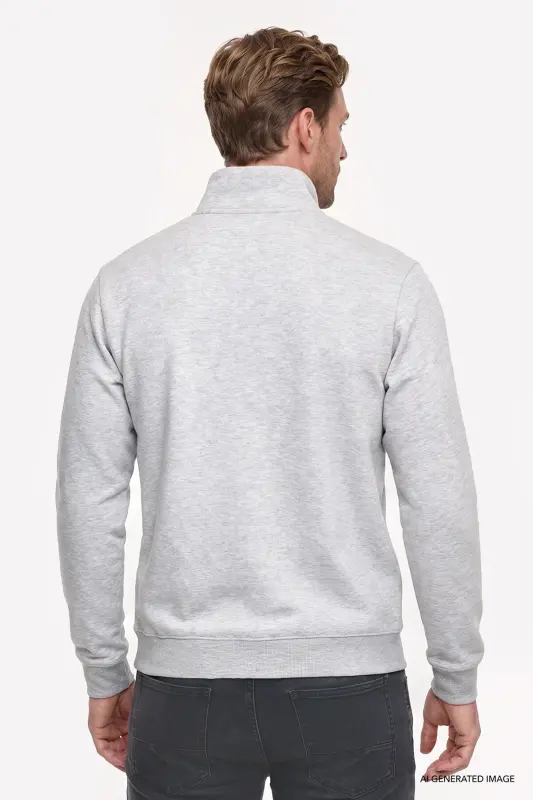 Erkek Gri Melanj Standart Fit Normal Kesim İçi Polarlı Bato Yaka Pamuklu Sweatshirt - Gri Melanj - 6
