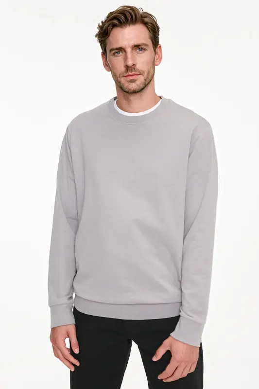 Erkek Gri Pamuklu Standart Fit Normal Kesim 2 İplik Bisiklet Yaka Sweatshirt - Gri - 3