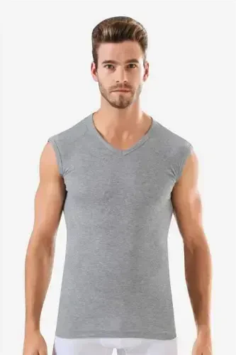 Erkek Gri Pamuklu Tişört Sıfır Kol V Yaka Kolsuz Atlet 2'li Paket - 3