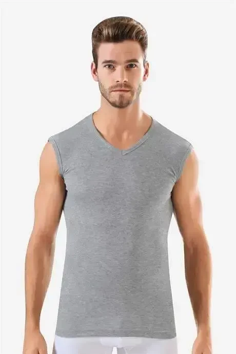 Erkek Gri Pamuklu Tişört Sıfır Kol V Yaka Kolsuz Atlet 2'li Paket - 3