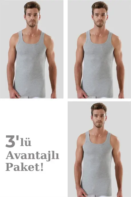 Erkek Gri Penye Atlet %100 Pamuk 3'lü Paket - BÜYÜKBEDENIZ