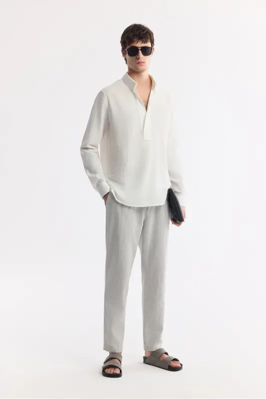 Erkek Gri Beli Bağcıklı Keten Karışımlı Chino Relaxed Fit Pantolon B003036 - Gri - 7