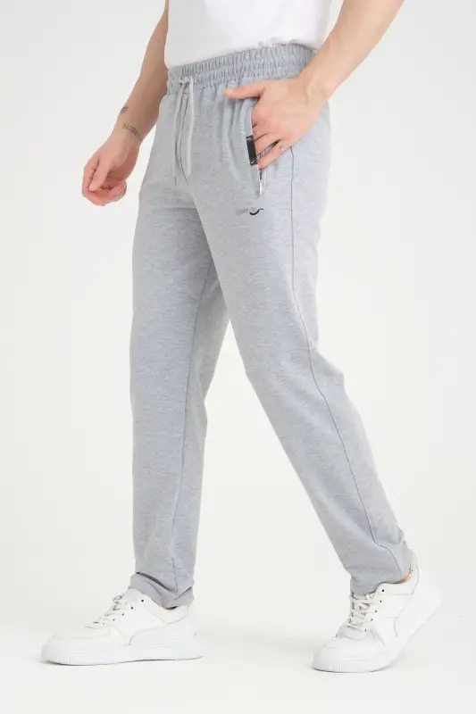 Erkek Regular Fit Beli Bağcıklı Düz Paça Nakış Detaylı Penye Kumaş Gri Eşofman Altı - Gri - 4