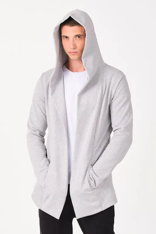 Erkek Gri Regular Fit Kapüşonlu Uzun Panço Hırka - Gri - 3