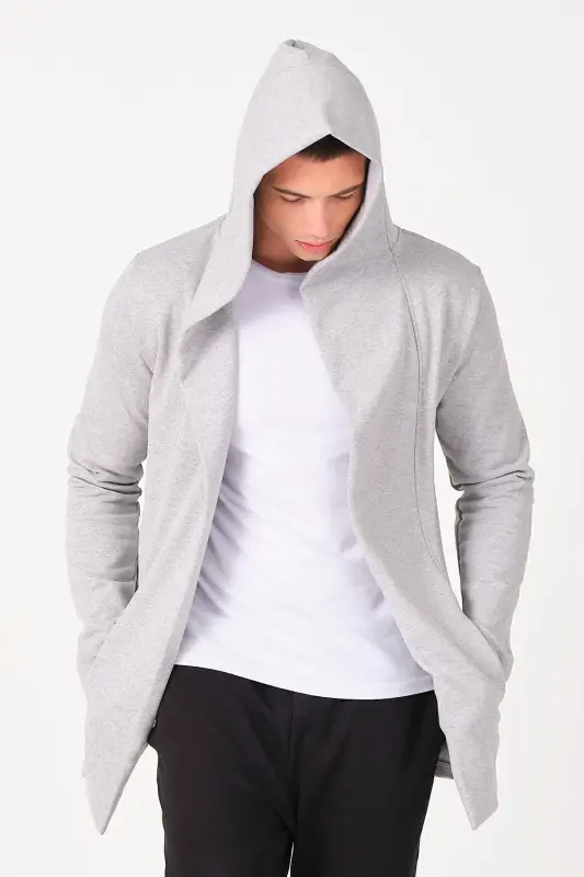 Erkek Gri Regular Fit Kapüşonlu Uzun Panço Hırka - Gri - 4
