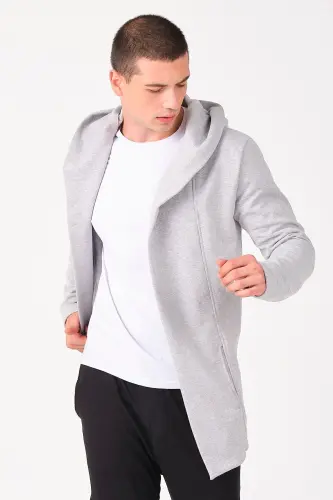 Erkek Gri Regular Fit Kapüşonlu Uzun Panço Hırka - Gri - 5