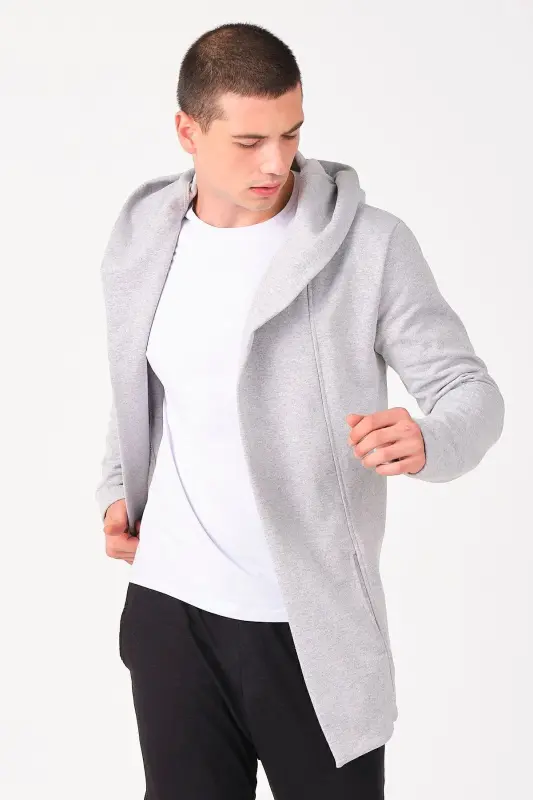 Erkek Gri Regular Fit Kapüşonlu Uzun Panço Hırka - Gri - 5