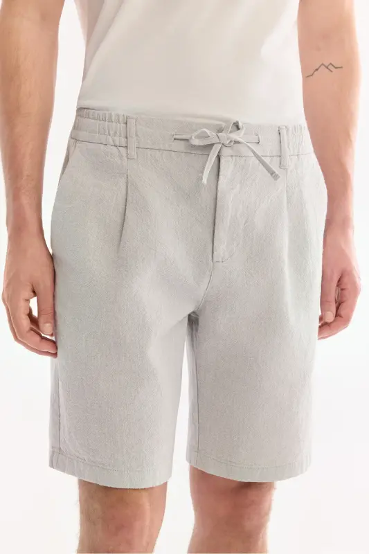 Erkek Gri Beli Lastikli Keten Karışımlı Relaxed Fit Şort B003731 - Gri - 4