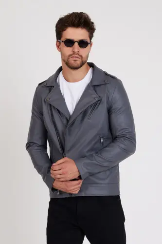 Erkek Gri Renk Yeni Sezon Çapraz Fermuarlı Deri Ceket Mont-GRİ - 5