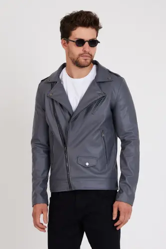 Erkek Gri Renk Yeni Sezon Çapraz Fermuarlı Deri Ceket Mont-GRİ 