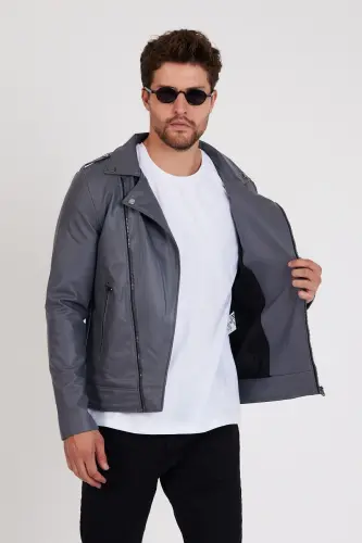 Erkek Gri Renk Yeni Sezon Çapraz Fermuarlı Deri Ceket Mont-GRİ - MERO LIFE (1)
