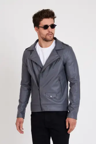 Erkek Gri Renk Yeni Sezon Çapraz Fermuarlı Deri Ceket Mont-GRİ - 3